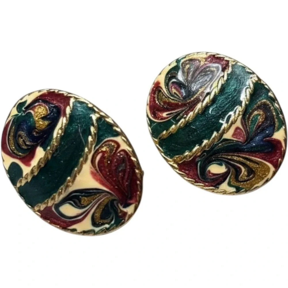 Vintage Enamel‎ Swirl Clip On Earrings Gold Tone Green Burgundy Glitter Oval